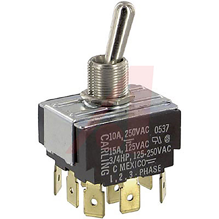 Carling Technologies Toggle Switch, Panel Mount, On-Off-On, 3PDT, Tab Terminal, 250V ac