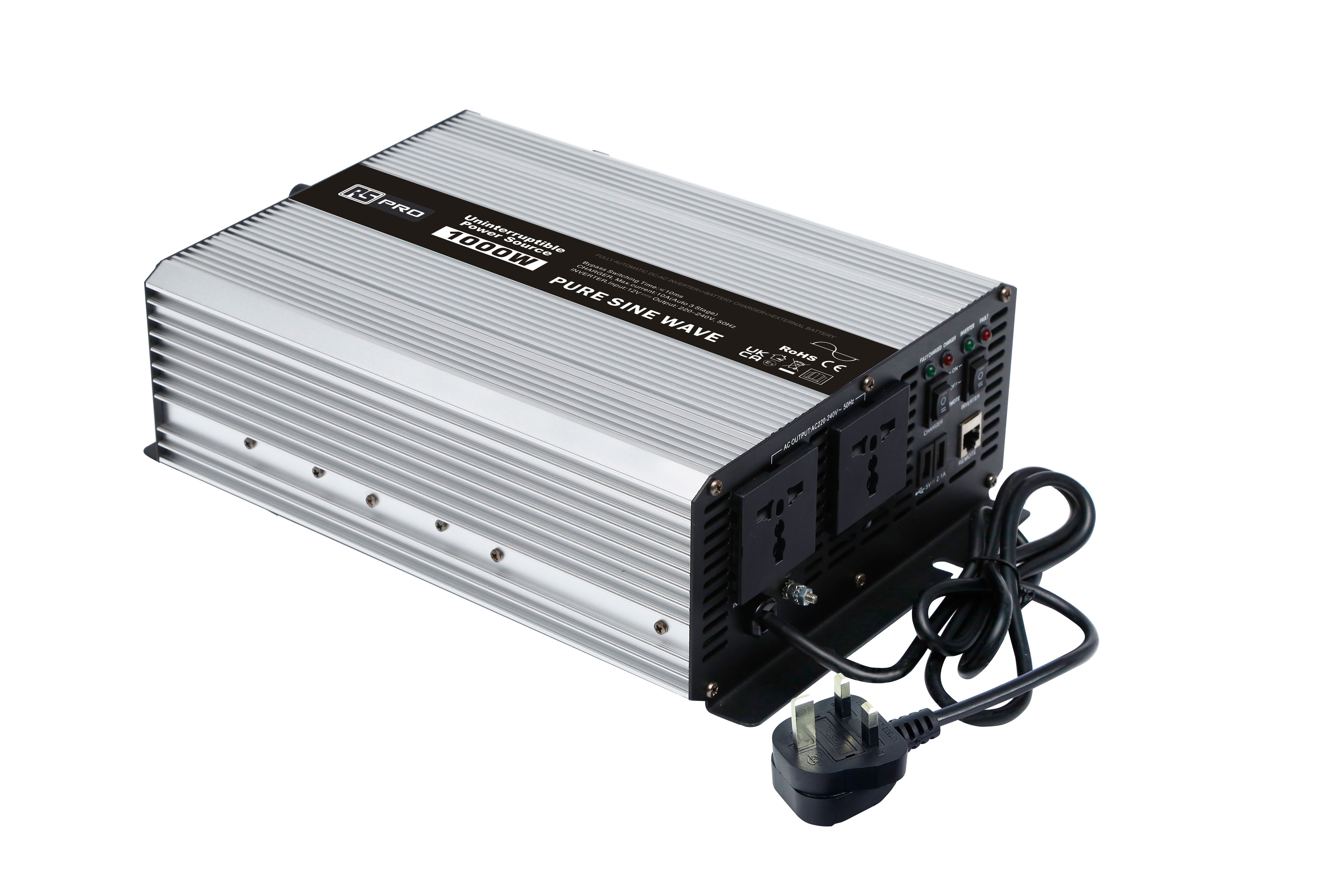 RS PRO Pure Sine Wave 1000W Fixed Installation DC-AC Power Inverter, 24V dc Input, 230V ac Output, No