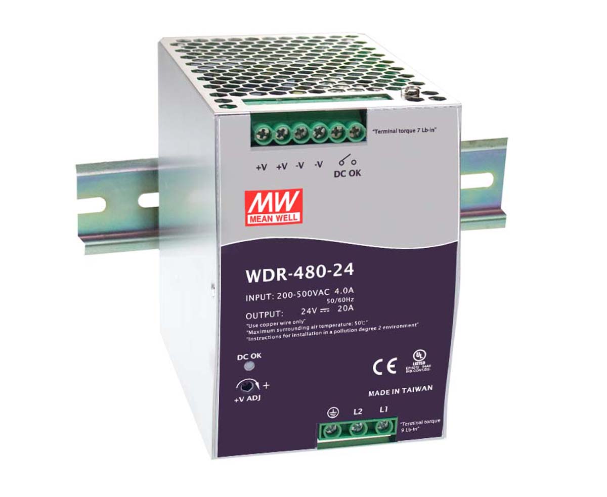 MEAN WELL WDR Switched Mode DIN Rail Power Supply, 180 → 550V ac ac Input, 48V dc dc Output, 10A Output, 480W