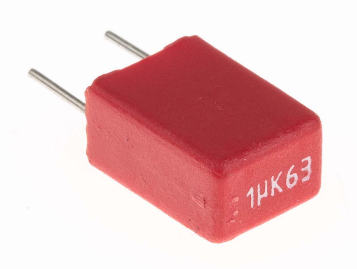 WIMA MKS2 Polyester Film Capacitor, 40 V ac, 63 V dc, ±10%, 1μF, Through Hole