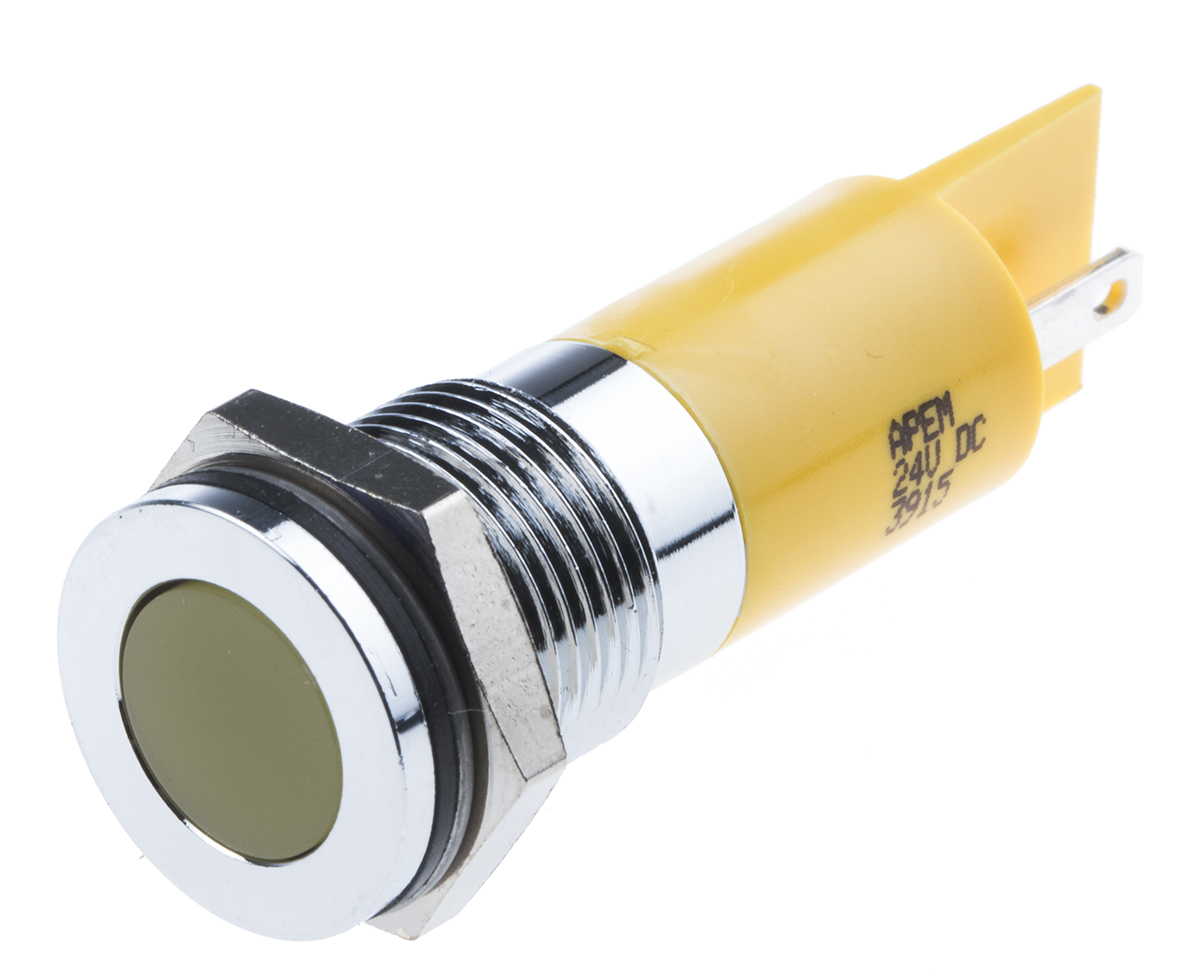 RS PRO Yellow Panel Mount Indicator, 24V dc, 14mm Mounting Hole Size, Solder Tab Termination, IP67