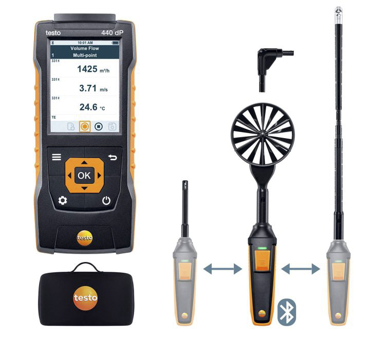 Testo 440 dP Air Flow ComboKit 2 with Bluetooth NTC, TC, Vane Anemometer, 50m/s Max, Measures Air Velocity,