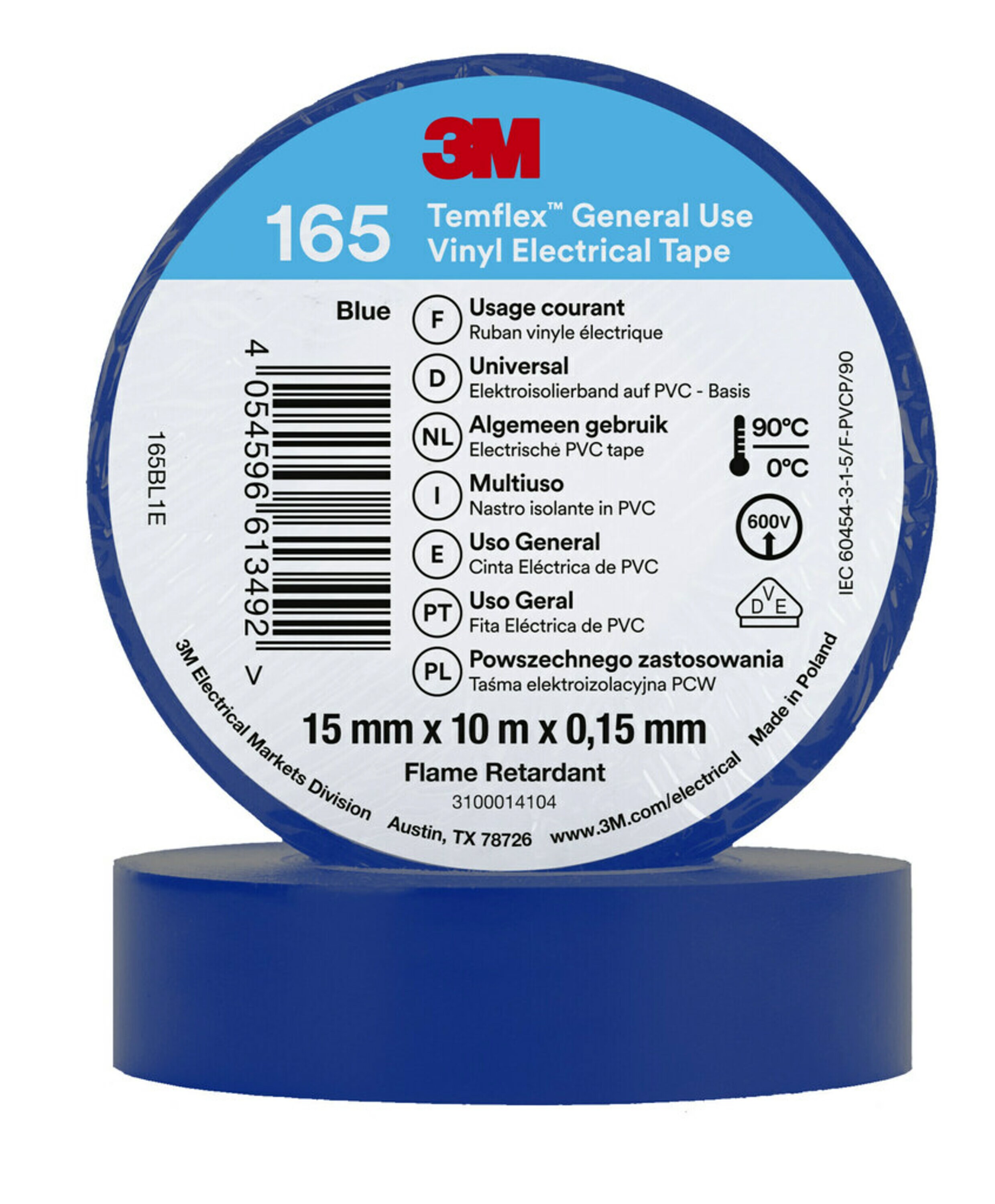3M Temflex Blue Vinyl Electrical Tape, 15mm x 10m
