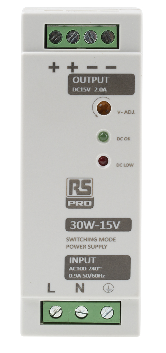 RS PRO Switched Mode DIN Rail Power Supply, 230V ac, 15V dc dc Output, 2A Output, 30W