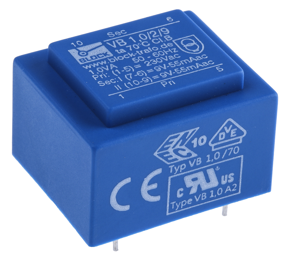 Block 9V ac 2 Output Through Hole PCB Transformer, 1VA