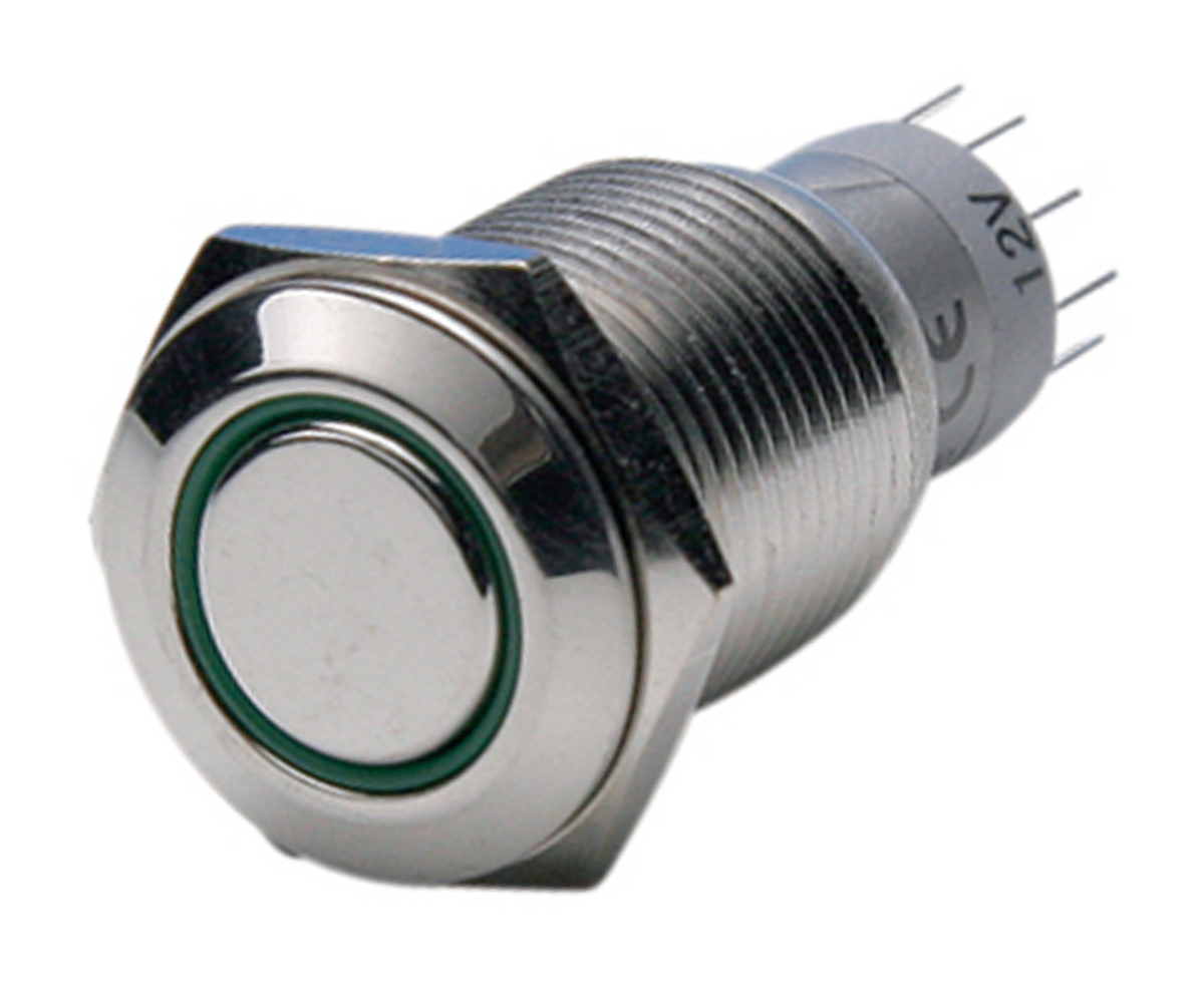 Bulgin MP0045 Series Illuminated Push Button Switch, Latching, Panel Mount, 16.2mm Cutout, DPDT, Green LED, 50V