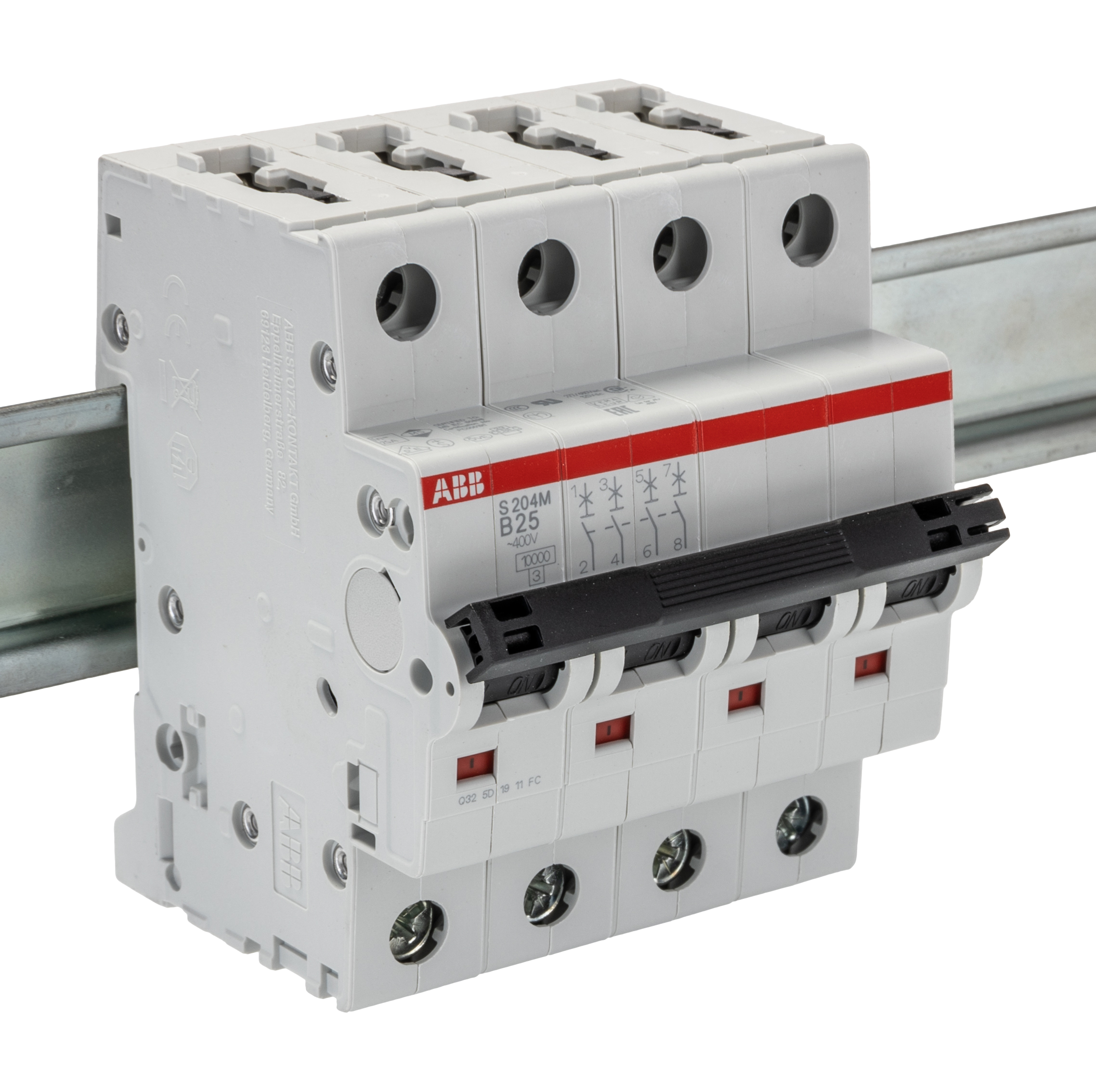 ABB System Pro M Compact S200M MCB, 4P, 25A Curve B, 400V AC, 15 kA Breaking Capacity