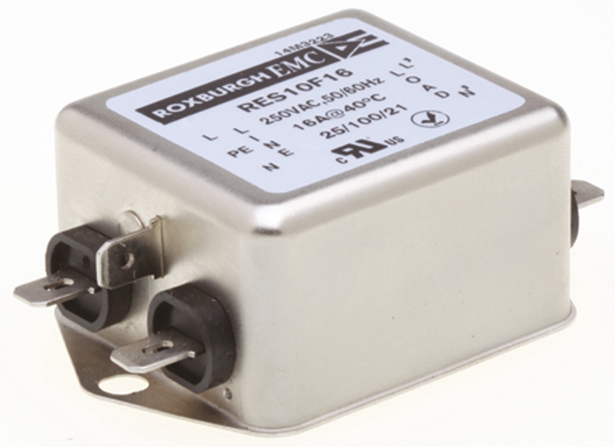 Roxburgh EMC, RES10 16A 250 V ac DC → 400Hz, Chassis Mount RFI Filter, Fast-On, Single Phase