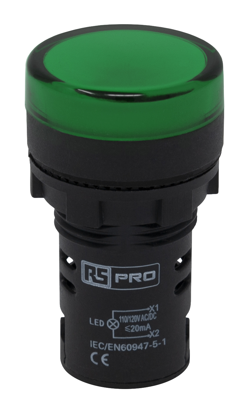 RS PRO, Panel Mount Green LED Pilot Light, 22mm Cutout, IP65, Round, 110V ac