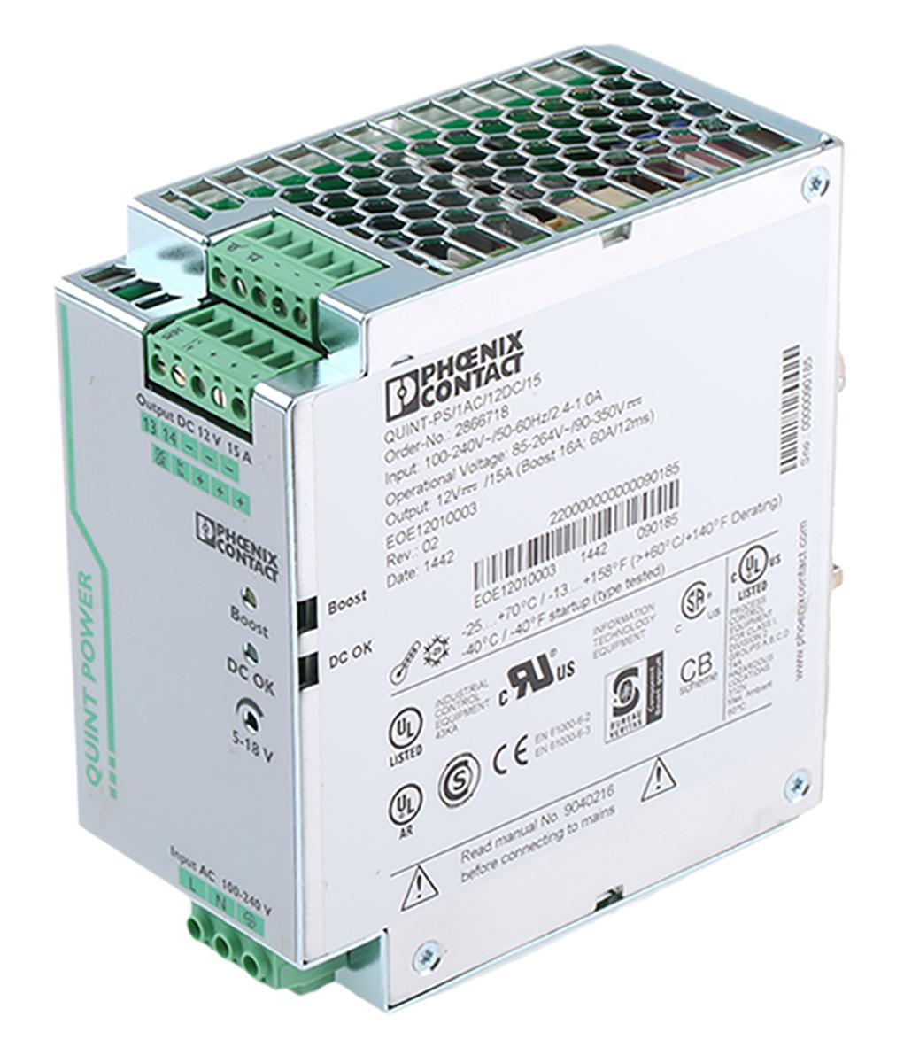 Phoenix Contact QUINT POWER Switched Mode DIN Rail Power Supply, 85 → 264V ac ac Input, 12V dc dc Output, 15A