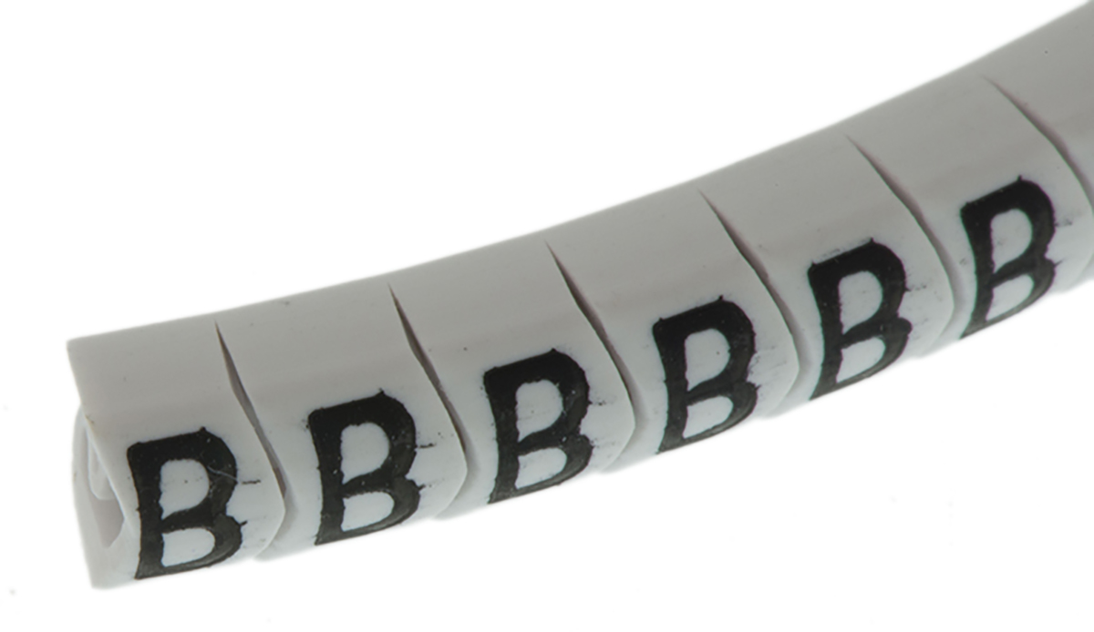 HellermannTyton Helagrip Slide On Cable Markers, Black on White, Pre-printed "B", 2 → 5mm Cable, 901-10414