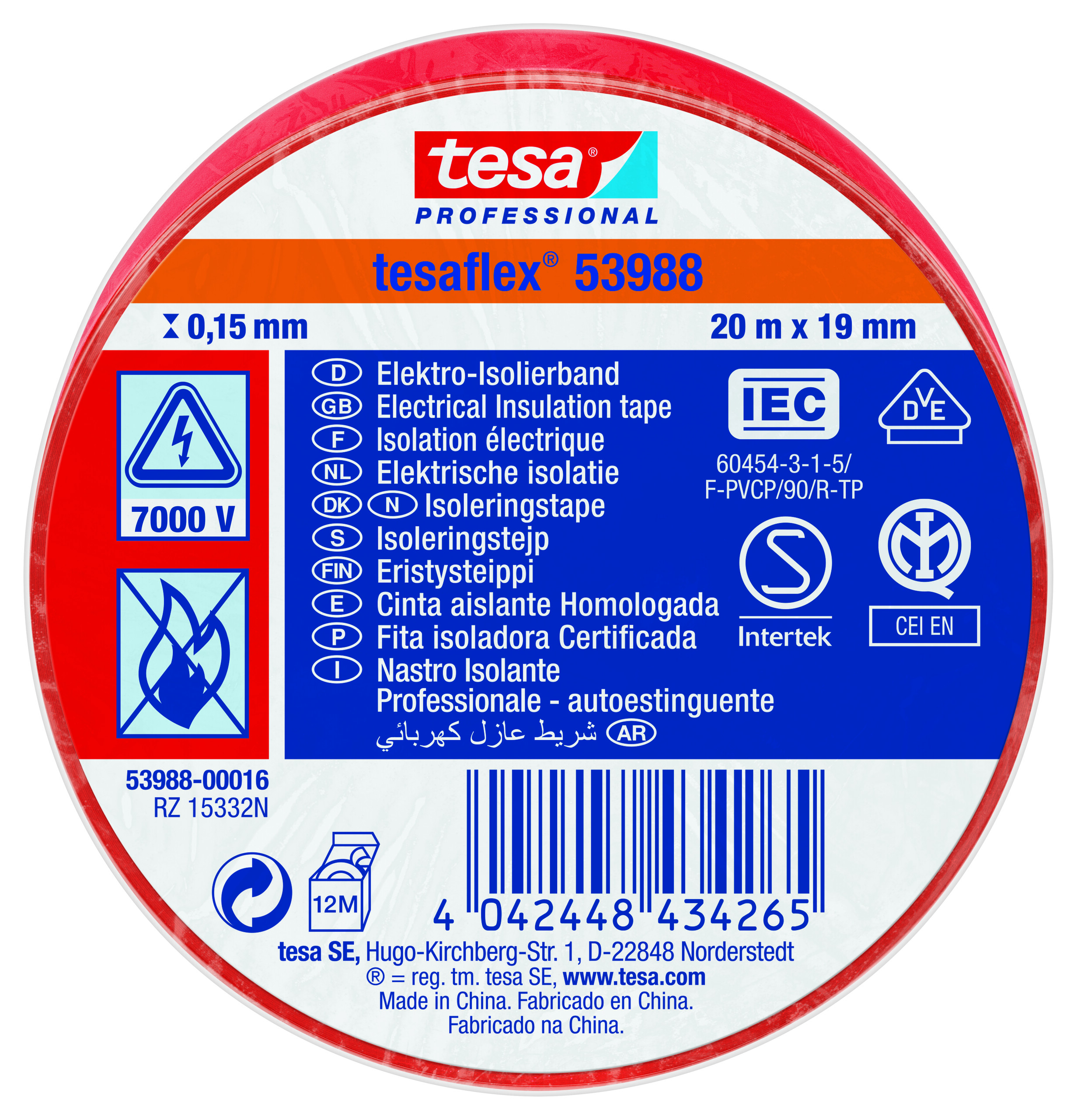 Tesa 53988 Red Soft PVC Electrical Insulation Tape, 19mm x 20m