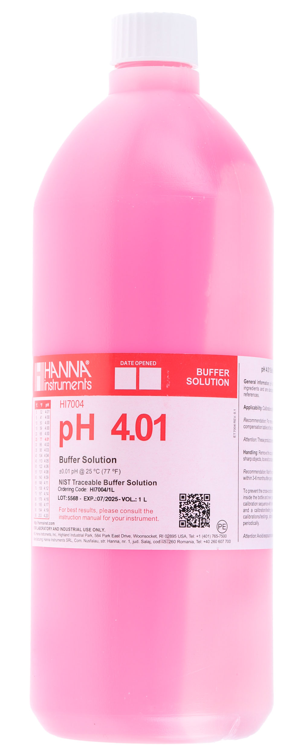 Hanna Instruments HI-7004/1L Buffer Solution, 1L Bottle, 4.01pH