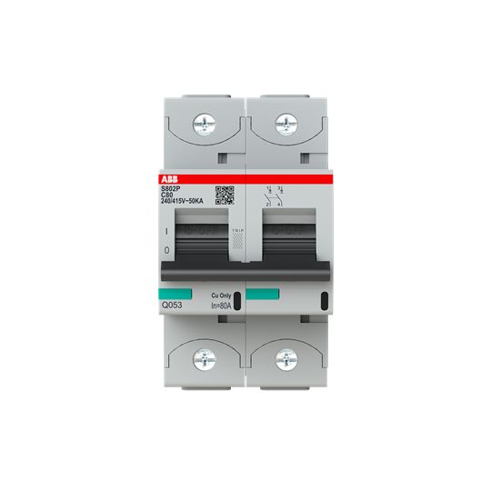 ABB High Performance S800S MCB, 2P, 80A Curve C, 400V AC, 250V DC, 50 kA Breaking Capacity