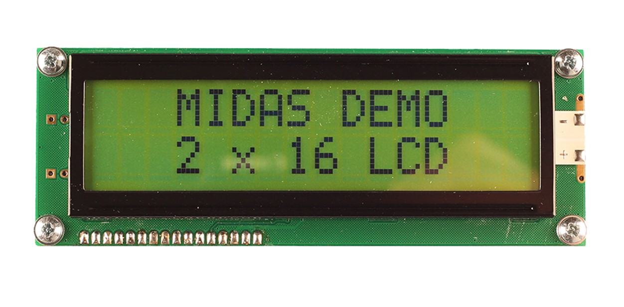 Midas MC21609A6W-SPTLY-V2 Alphanumeric LCD Display, Black on Yellow/Green, 2 Rows by 16 Characters, Transflective