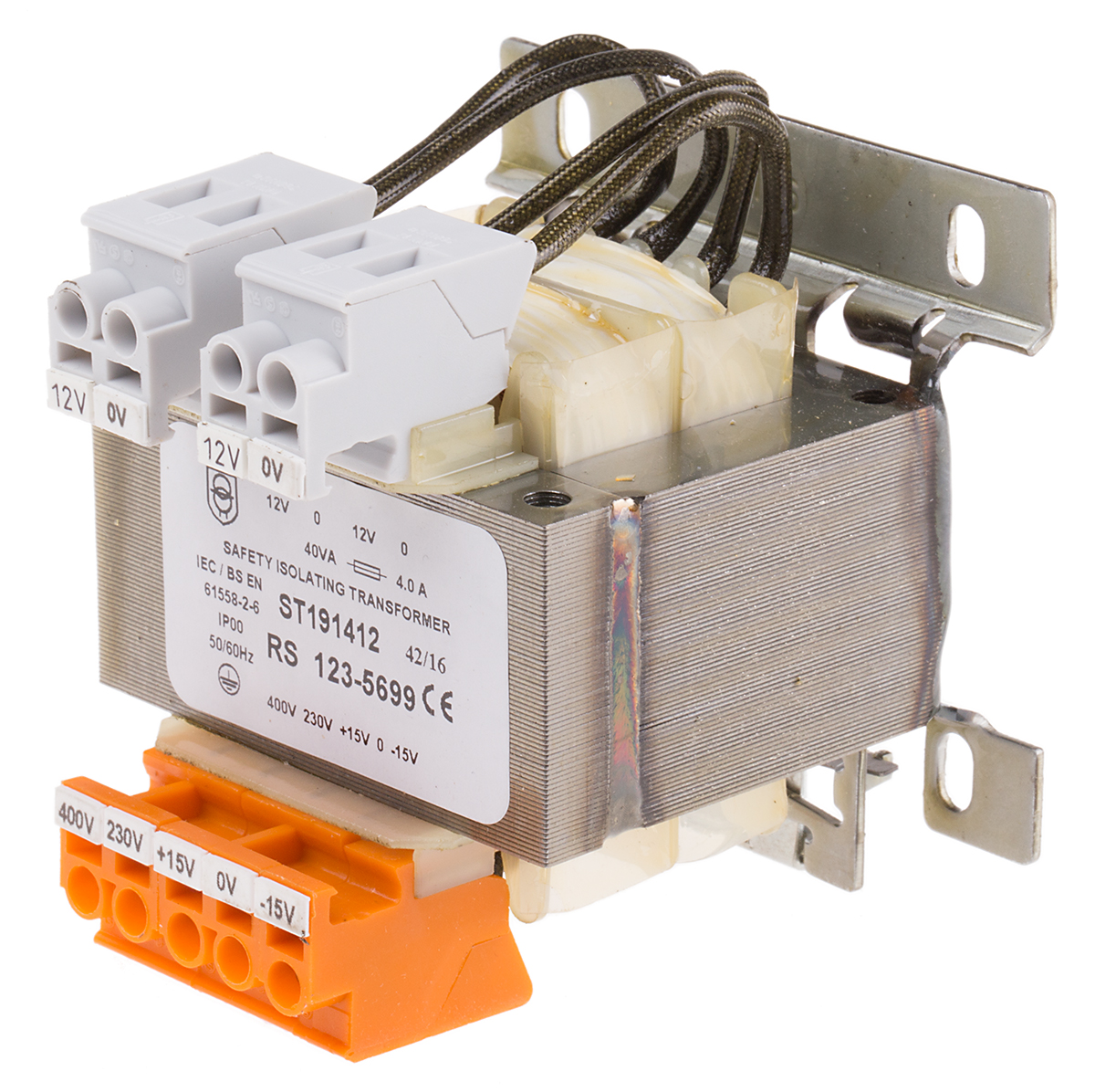 RS PRO 40VA DIN Rail Transformer, IEC 61558-2-6, 230V ac (+/- 15V) → 400V ac (+/- 15V) Primary, 2 x 12V ac