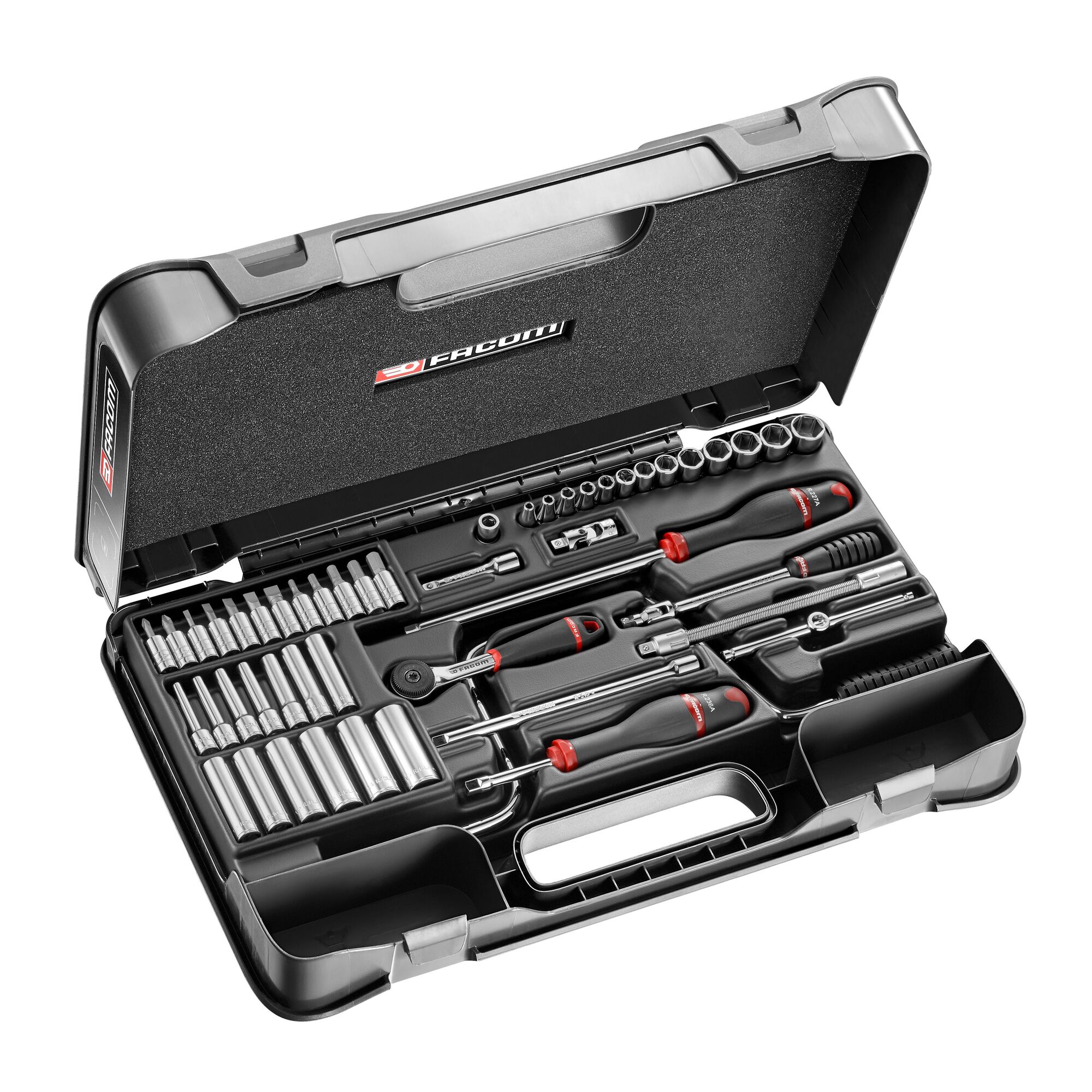 Facom 61-Piece Metric 1/4 in Deep Socket/Standard Socket/Bit Set with Ratchet, 6 point