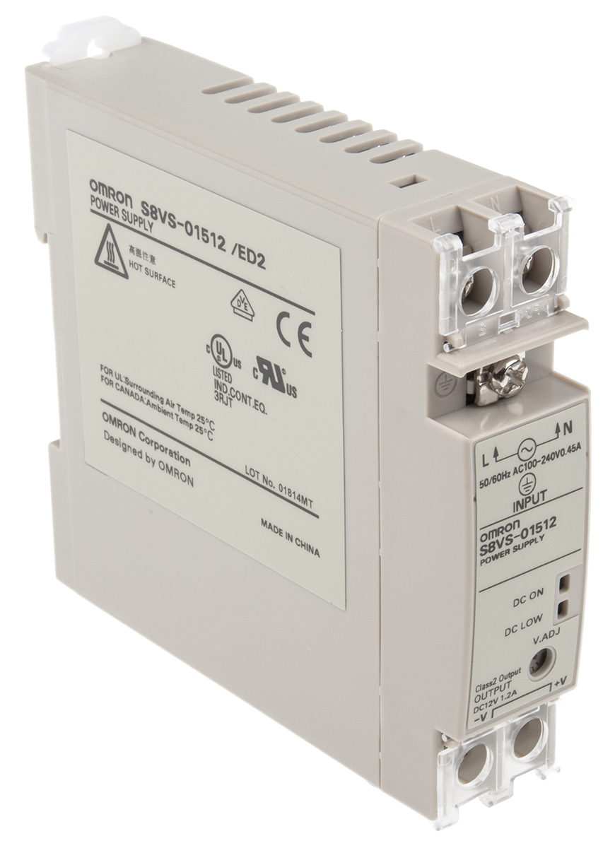 Omron S8VS Switched Mode DIN Rail Power Supply, 85 → 264V ac ac Input, 12V dc dc Output, 1.2A Output, 15W