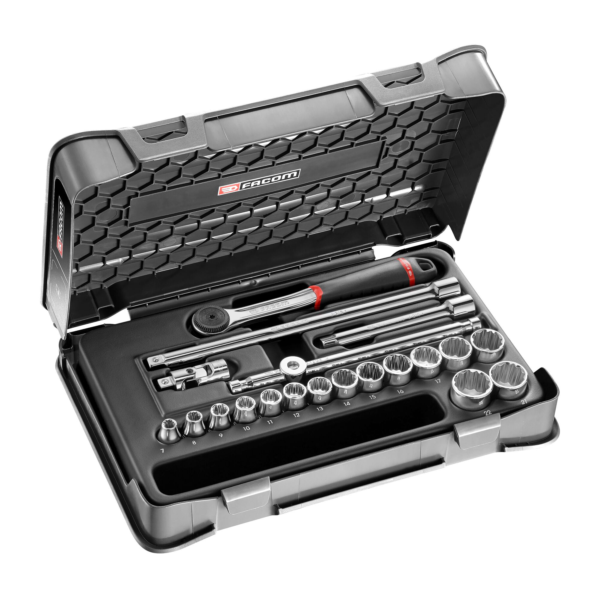 Facom 20-Piece Metric 3/8 in Standard Socket Set with Ratchet, 12 point