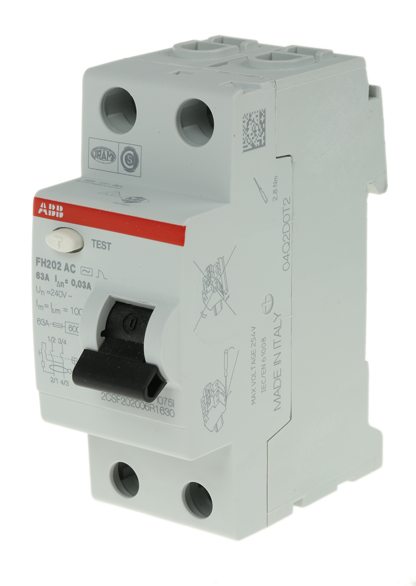 ABB FH200 RCCB, 63A, 2 Pole, 30mA, Type AC