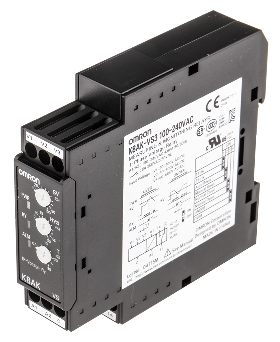 Omron Voltage Monitoring Relay, 1 Phase, SPDT, 20 → 200V ac/dc, DIN Rail