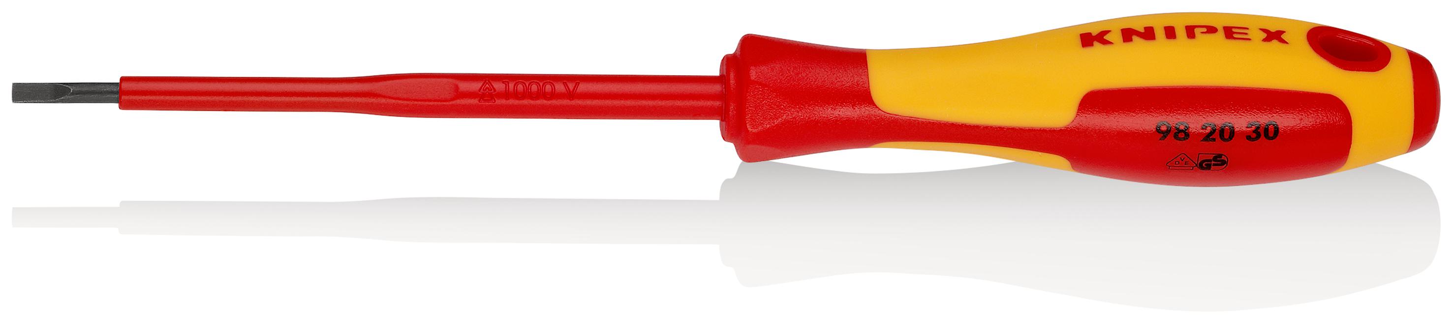 Knipex Slotted Insulated Screwdriver, 3 mm Tip, 100 mm Blade, VDE/1000V, 202 mm Overall