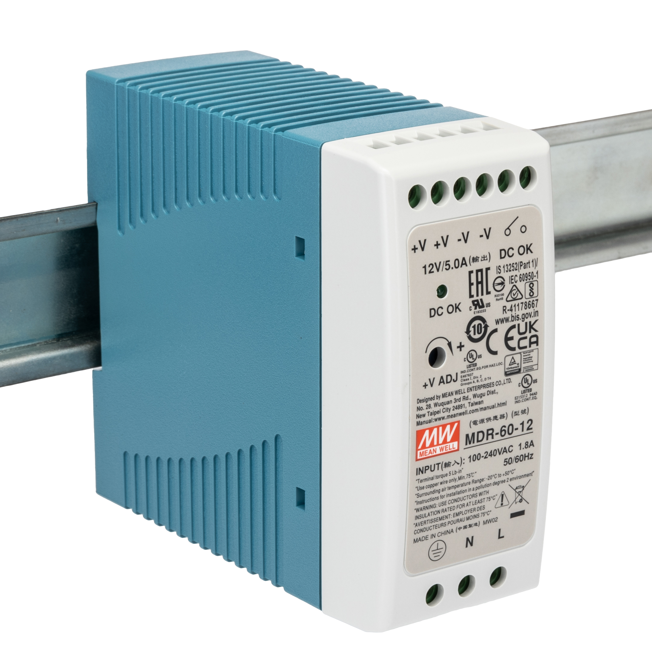 MEAN WELL MDR Switched Mode DIN Rail Power Supply, 85 → 264V ac ac Input, 12V dc dc Output, 5A Output, 60W