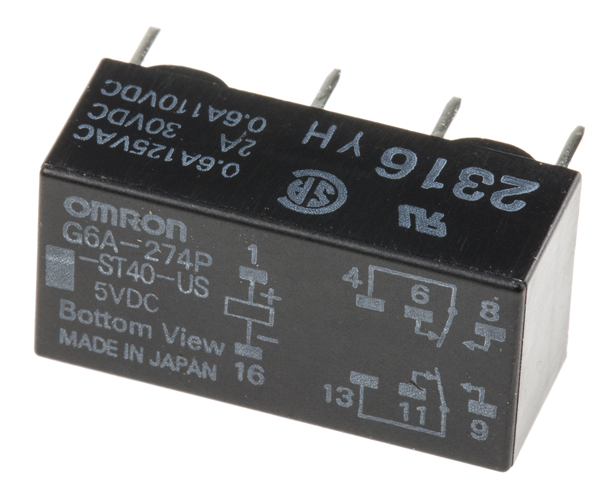 Omron PCB Mount Signal Relay, 5V dc Coil, 2A Switching Current, DPDT
