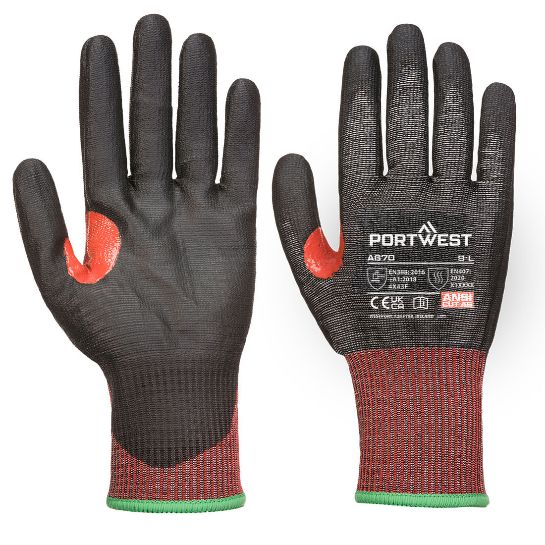 Portwest Black Fibreglass, Elastane, Polyurethane, Nylon, High Performance Polyethylene Work Gloves 54 mm