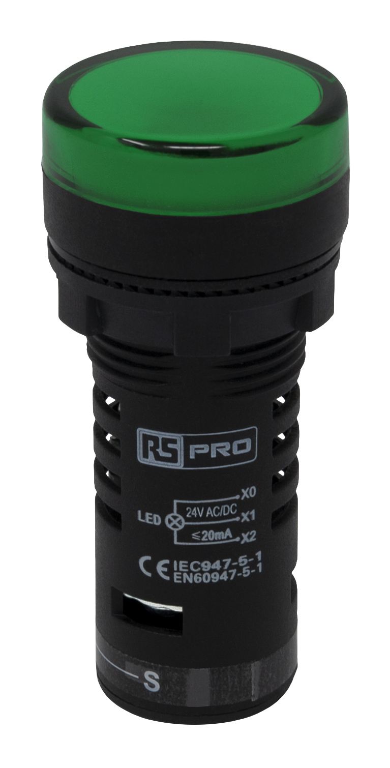RS PRO, Panel Mount Green LED Pilot Light, 22mm Cutout, IP65, Round, 24V ac/dc