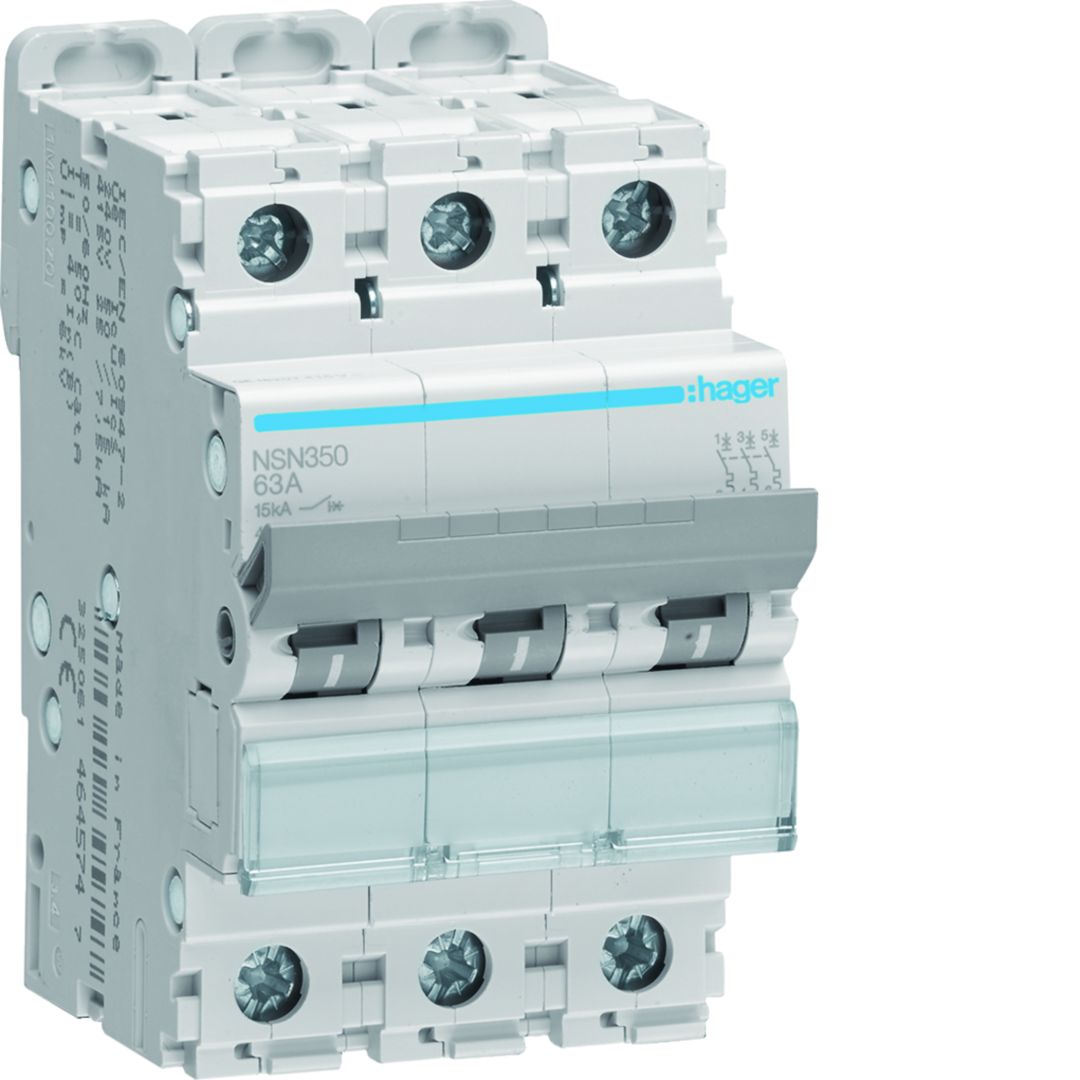 Hager NSN MCB, 3P, 50A Curve D, 415V AC, 15 kA Breaking Capacity