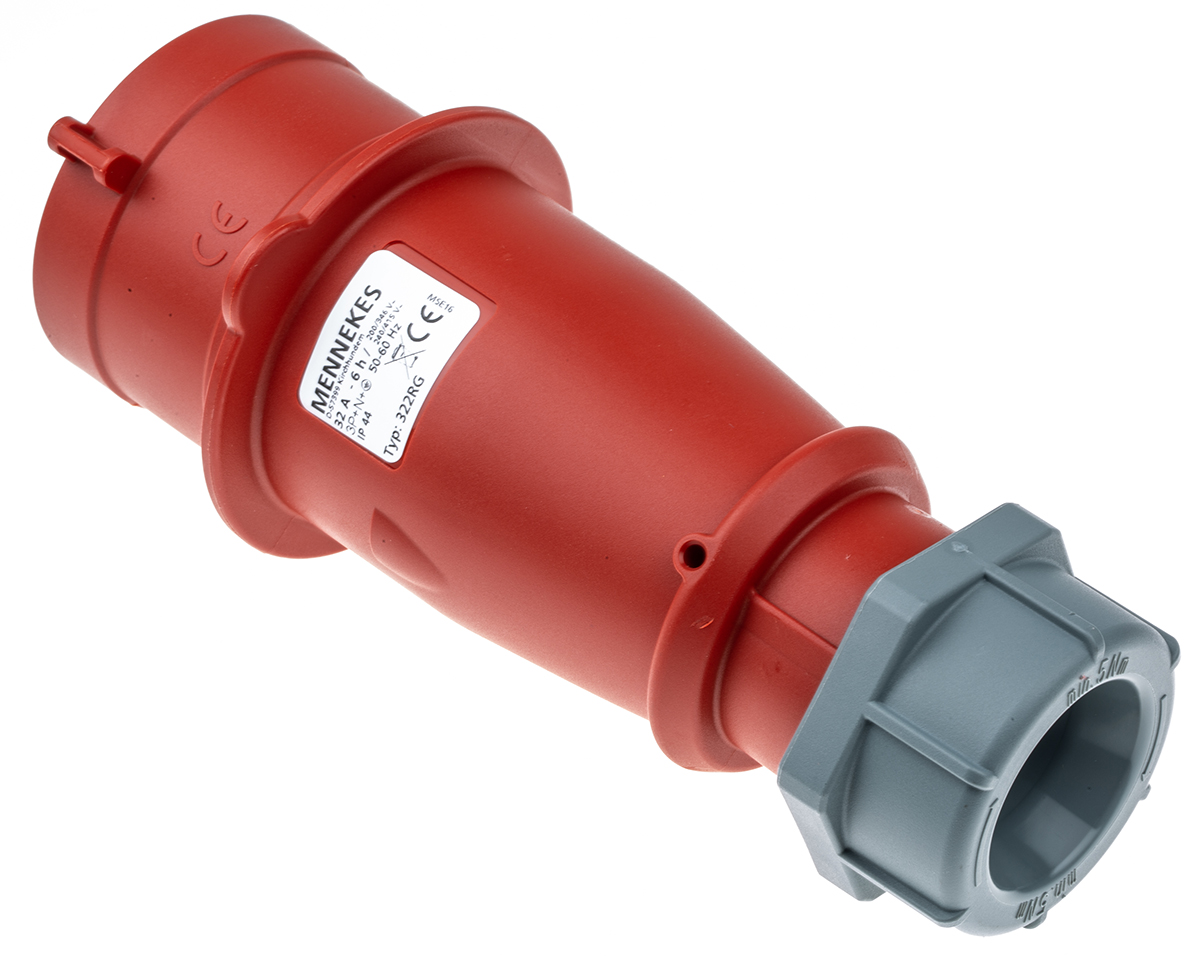 MENNEKES IP44 Red Cable Mount 3P + N + E Industrial Power Plug, Rated At 32A, 400 V,With Phase Inverter