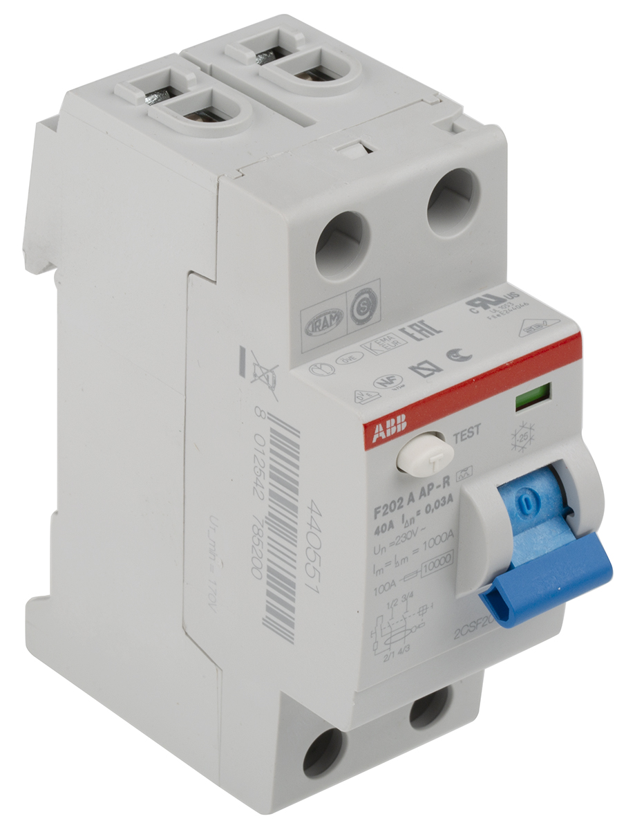 ABB F200 RCCB, 40A, 2 Pole, 30mA, Type A, 230/400V ac