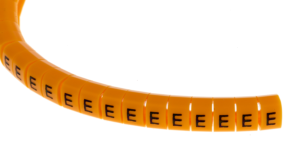 RS PRO Snap On Cable Markers, Black on Orange, Pre-printed "E", 4 → 5mm Cable