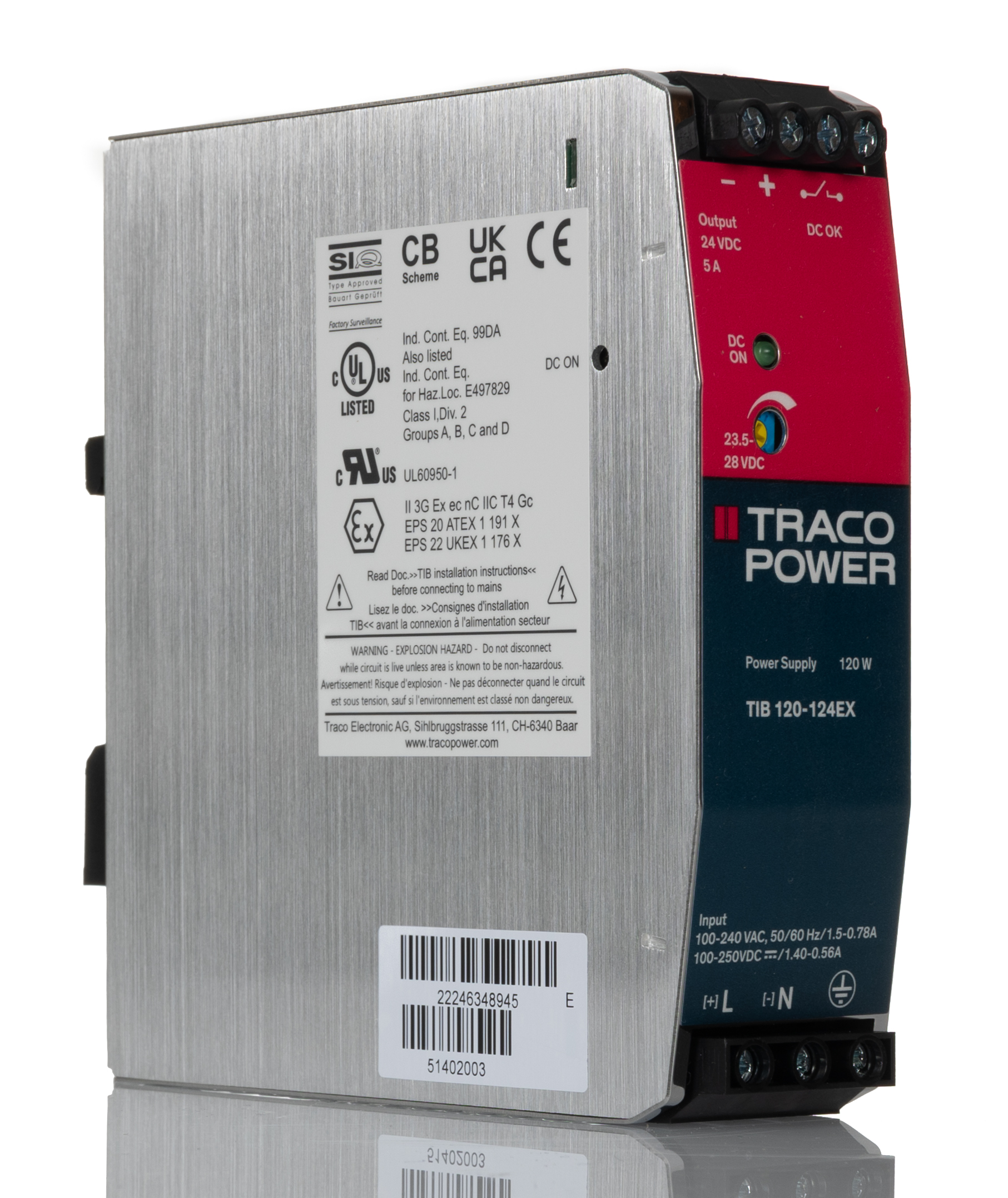 TRACOPOWER TIB 120 Linear DIN Rail Power Supply, 85 → 264V ac ac Input, 24V dc dc Output, 5A Output, 120W