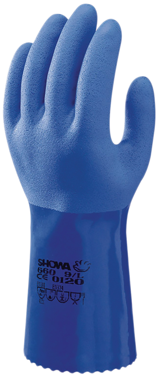 Showa 660 Blue Cotton Flock Cotton Work Gloves, Size 8, Polyvinyl Chloride Coating