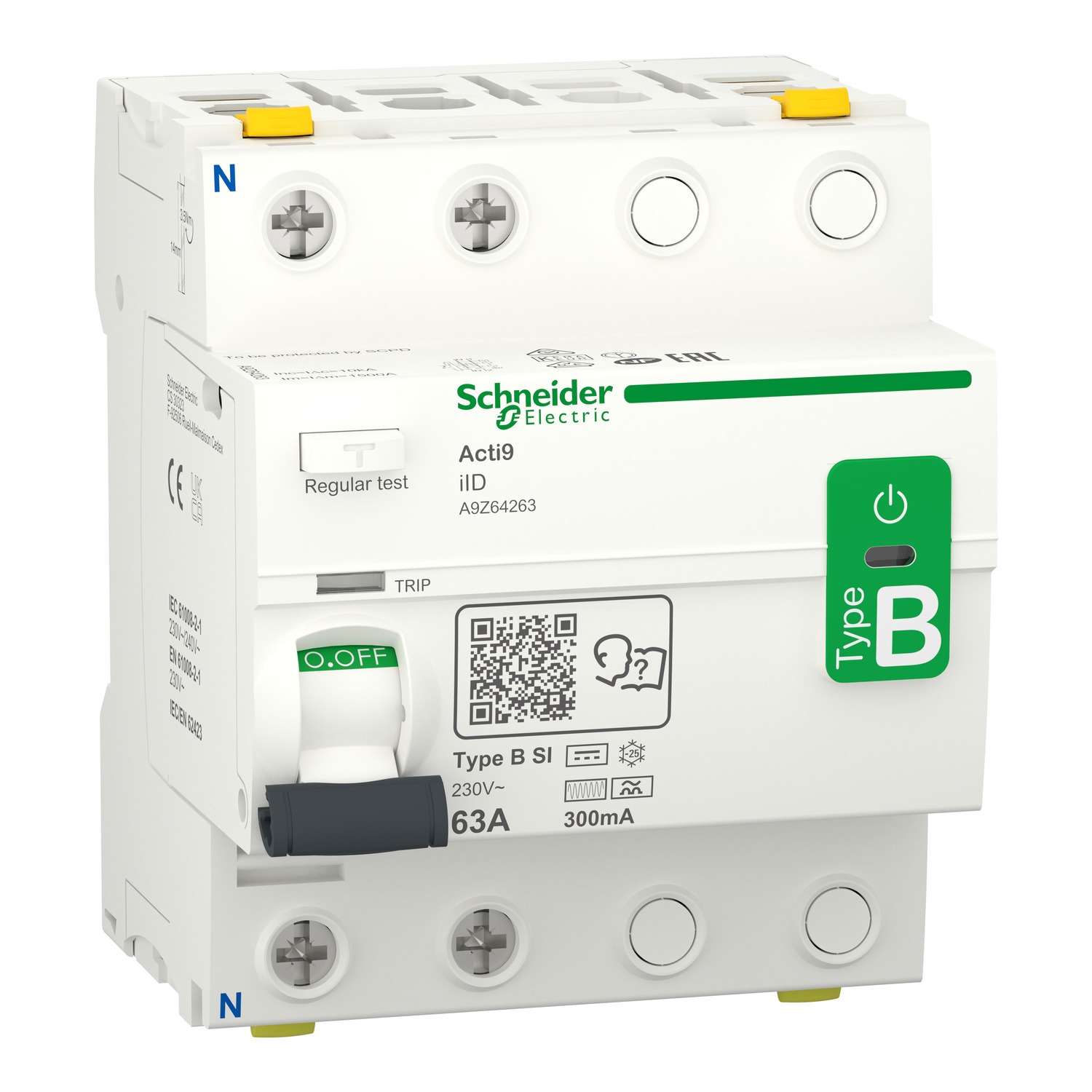 Schneider Electric Acti9 iID RCCB, 63A, 2 Pole, 300mA, Type B-SI, 230V ac