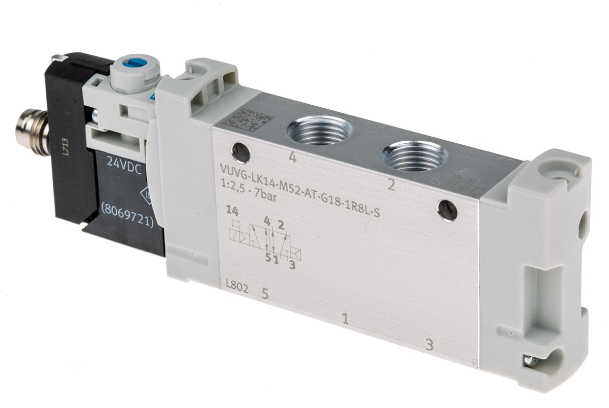Festo 5/2 Solenoid Valve - Solenoid/Spring G 1/8 VUVG Series 24V dc, 8042567