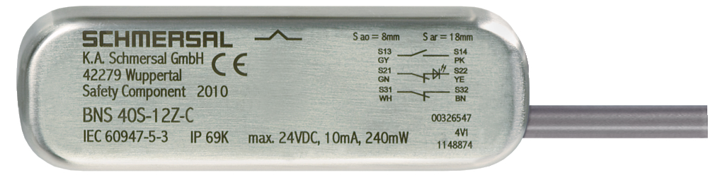 Schmersal BNS 40S Series Non-Flush Magnetic Safety Switch, Stainless Steel Housing, NO/2NC, 3m Cable