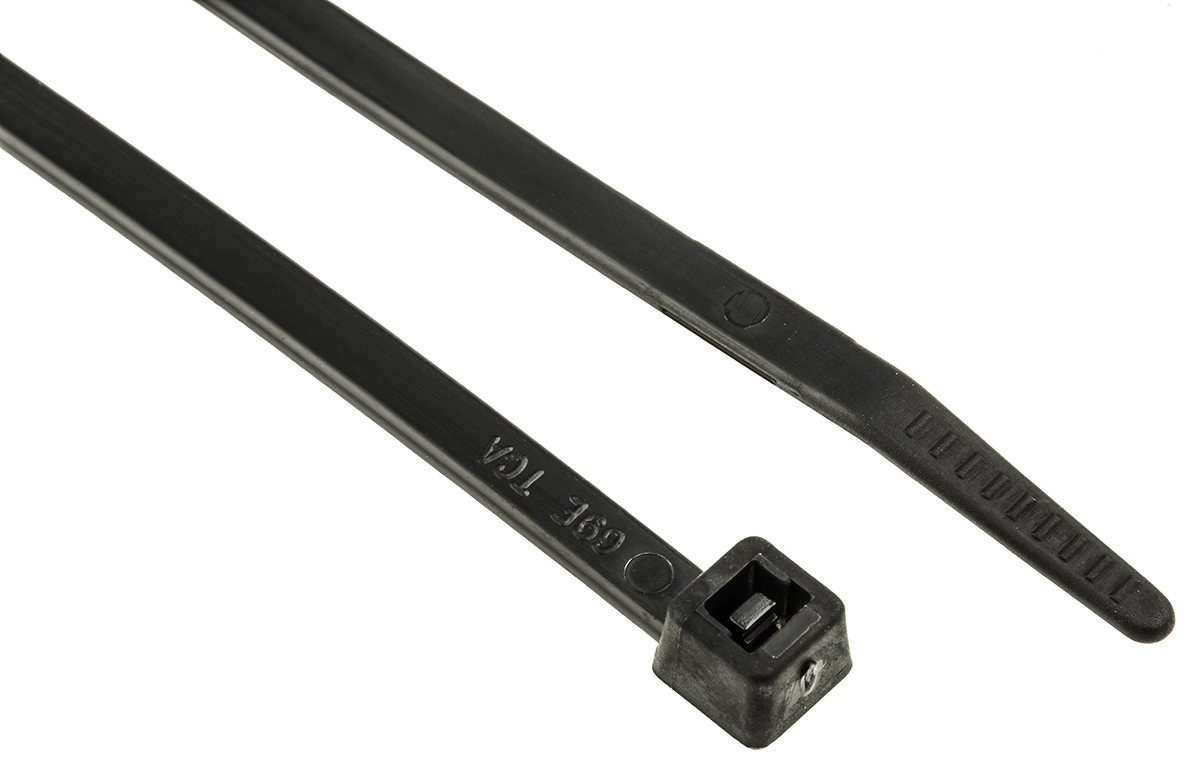 HellermannTyton Cable Tie, Inside Serrated, 245mm x 4.6 mm, Black Polyamide 6.6 (PA66), Pk-100