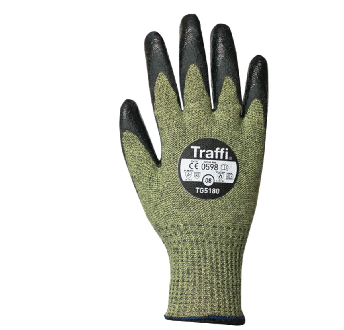 Traffi Green Acrylic, Aramid, Glass Acrylic, Aramid, Fibreglass Cut Resistant Gloves, Size 10, Chloroprene, Nitrile