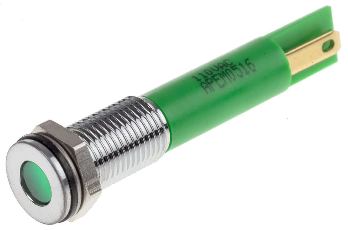 RS PRO Green Panel Mount Indicator, 110V ac, 8mm Mounting Hole Size, Faston, Solder Lug Termination, IP67