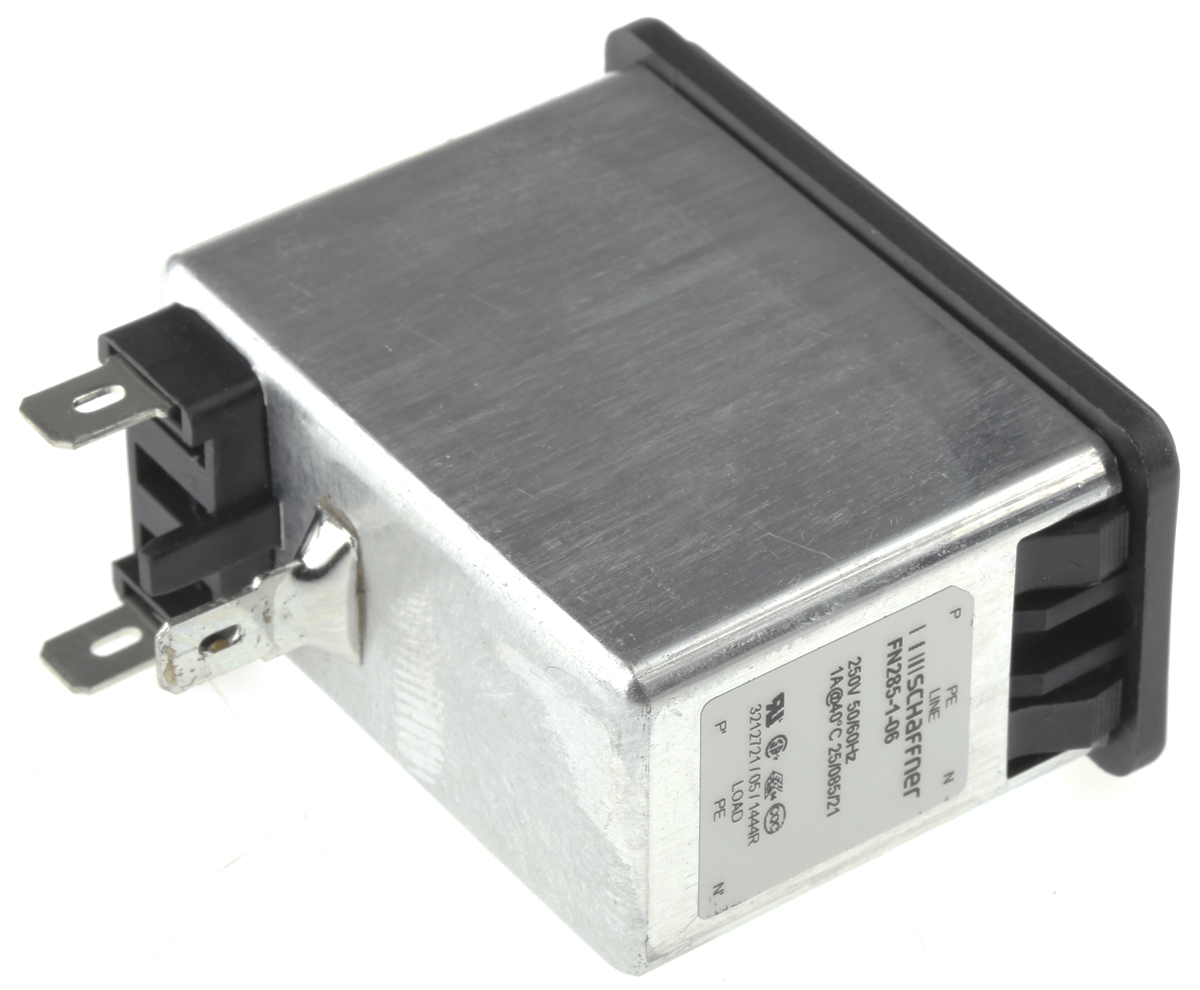 Schaffner 1A, 250 V ac Male Snap-In IEC Filter 2 Pole FN285-1-06, Faston 1 Fuse