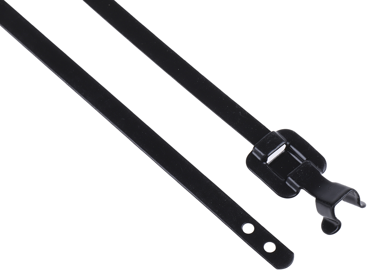 RS PRO Cable Tie, Releasable, 230mm x 5 mm, Black Polyester Coated Stainless Steel, Pk-100