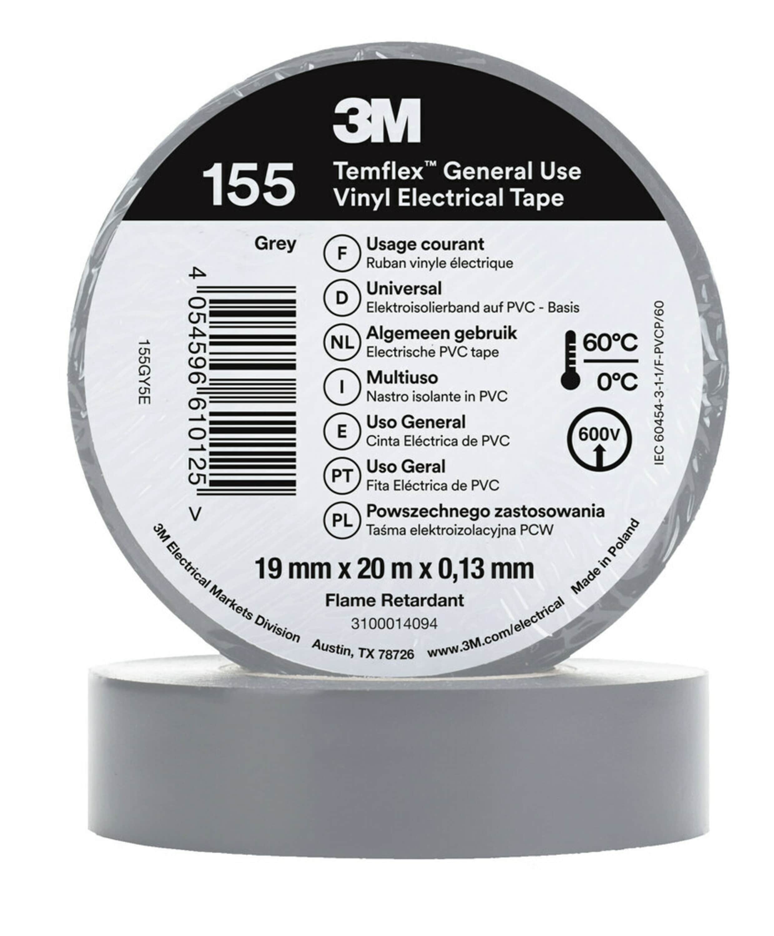 3M Temflex 155 Grey Vinyl Electrical Tape, 19mm x 20m