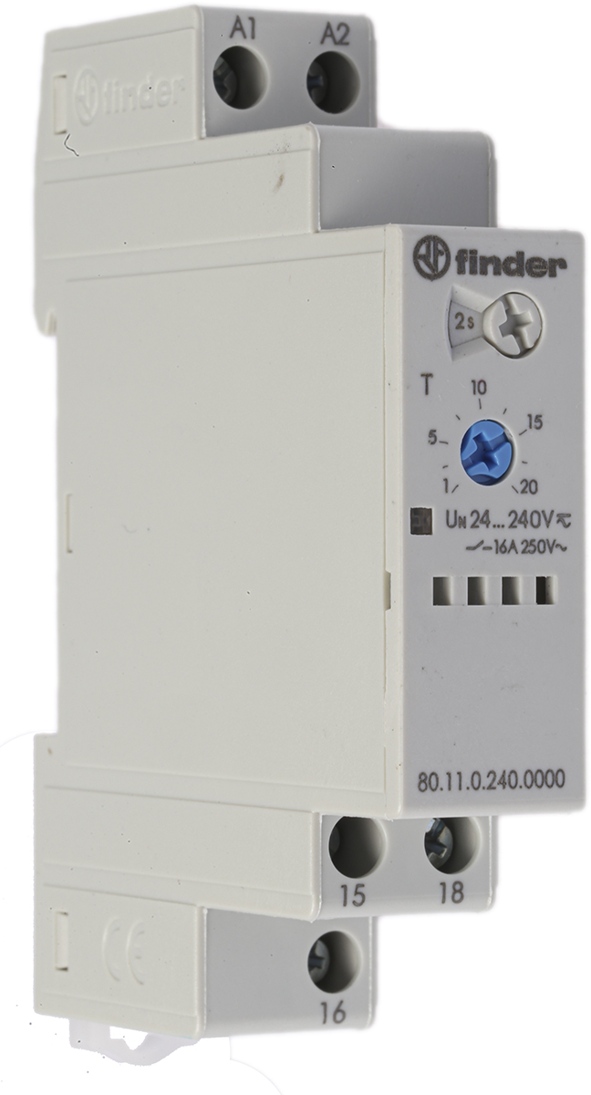 Finder 80 Series Series DIN Rail Mount Timer Relay, 24 → 240V ac/dc, 1-Contact, 0.1 → 20 s, 0.1 →