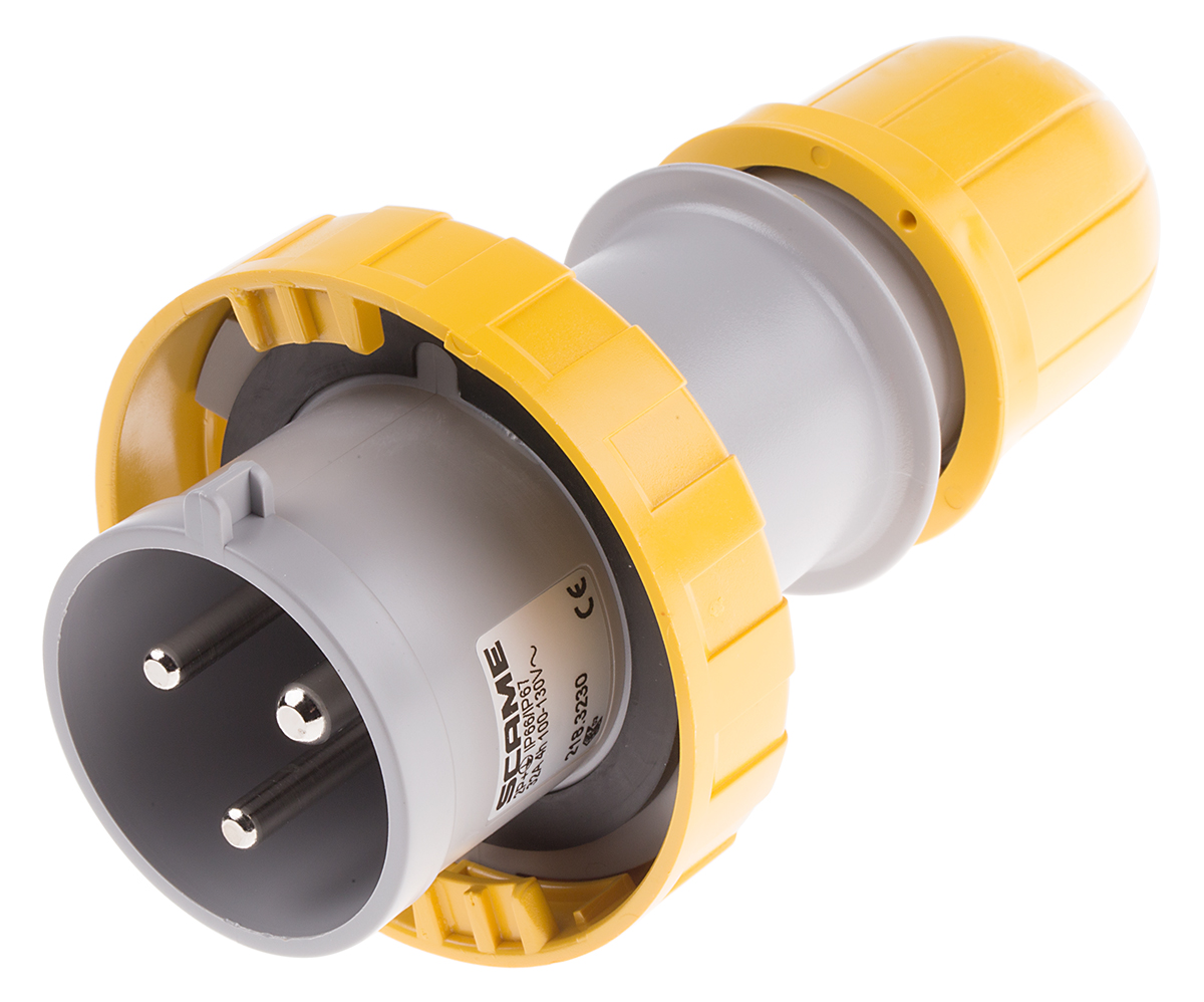 Scame IP67 Yellow Cable Mount 2P + E Industrial Power Plug, Rated At 32A, 110 V