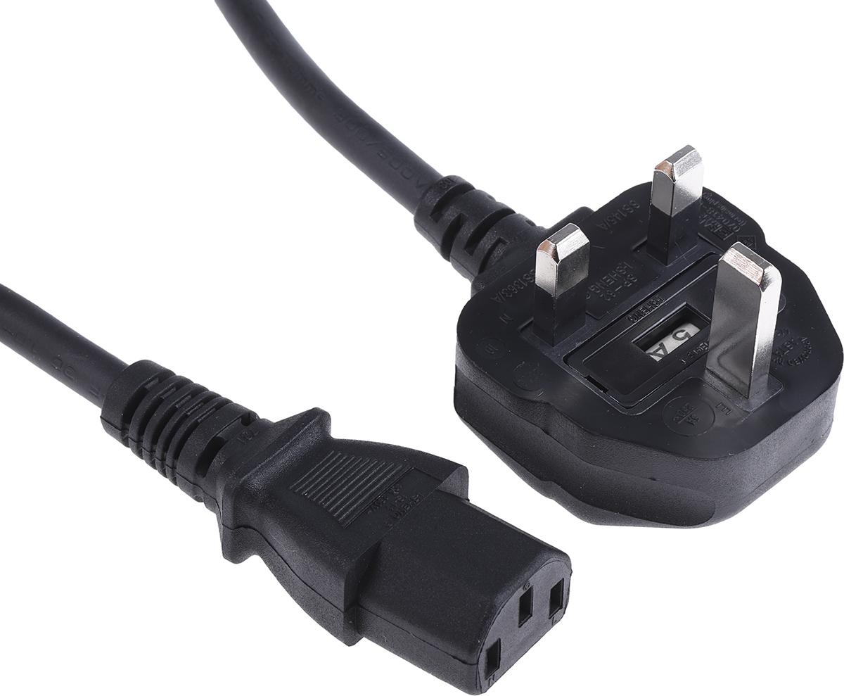 RS PRO Straight IEC C13 Socket to Right Angle Type G UK Plug Power Cord, 3m