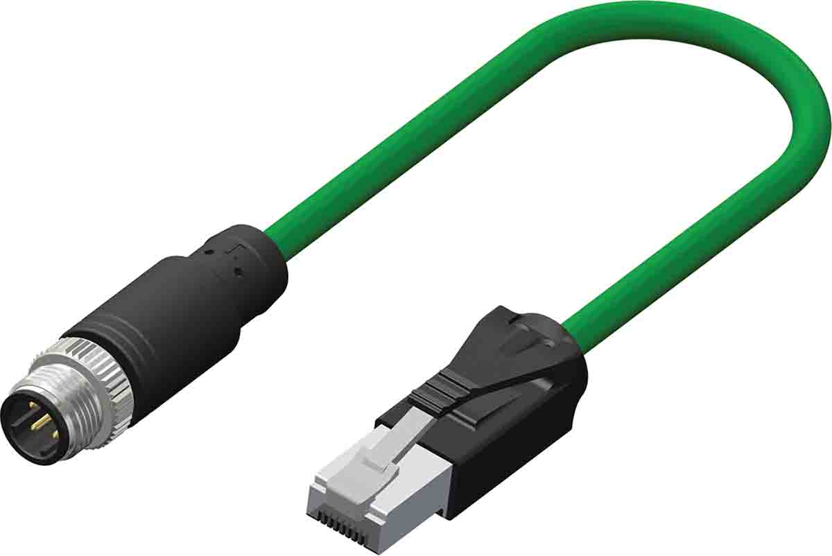 RS PRO, 5m Cat5e, Green M12 to Male RJ45 Male Shielded, Terminated PVC Sheath