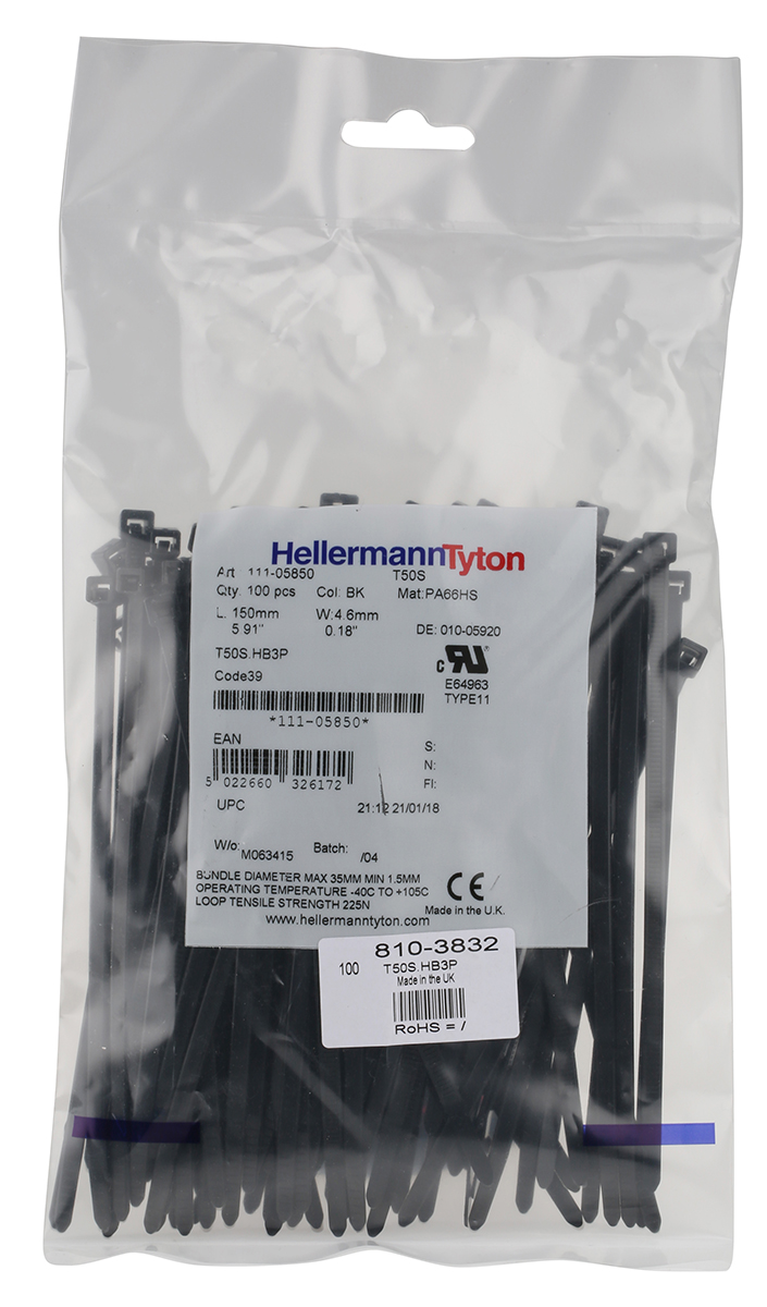 HellermannTyton Cable Tie, Inside Serrated, 150mm x 4.6 mm, Black Polyamide 6.6 (PA66), Pk-100